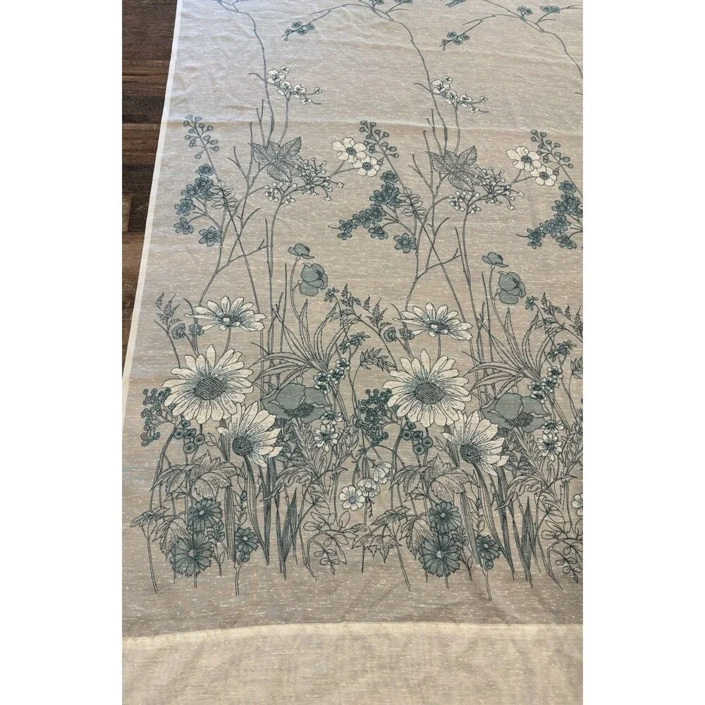 Vintage 70’s Curtain Panel (1) Blue Floral Sheer White 60”x84” Retro MCM Cottage